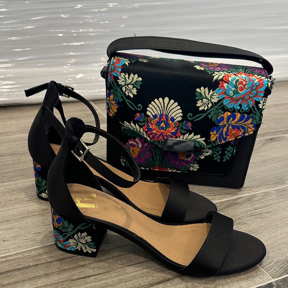 Elegant Black Embroidered Women's Sandals with Purse- Both as a package!